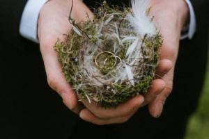 Obrączki w ptasim gniazdku przed ślubem w plenerze w Dębowym Lesie w Elżbiecinie pod Łomżą